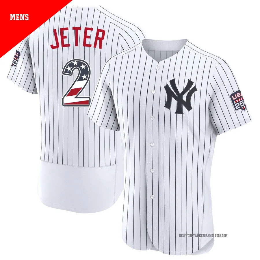 Men's New York Yankees Derek Jeter ＃2 White Authentic USA 250 Fourth Of July Home Stadium Jersey