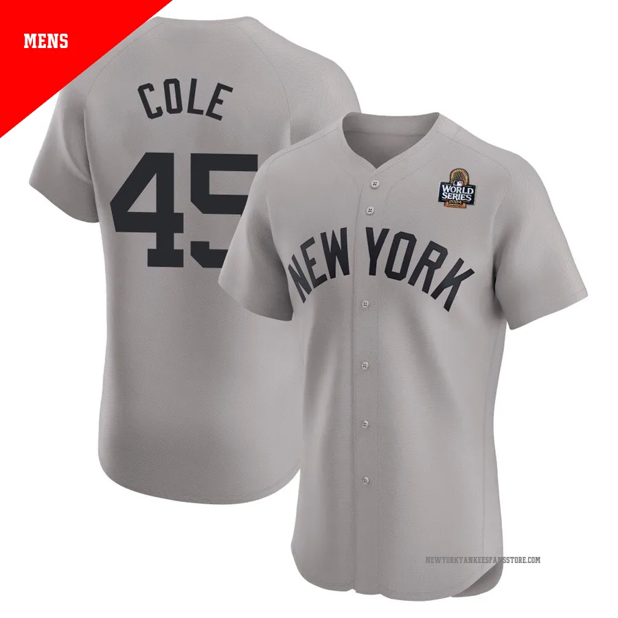 Men's New York Yankees Gerrit Cole ＃45 Gray Elite Road 2024 World Series Jersey
