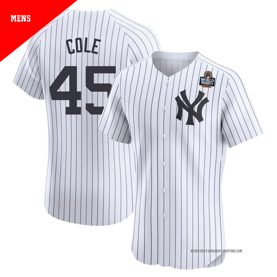 Men's New York Yankees Gerrit Cole ＃45 White Elite Home 2024 World Series Jersey