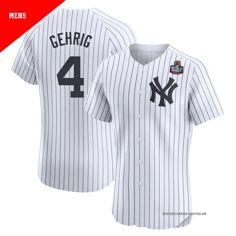 Men's New York Yankees Lou Gehrig ＃4 White Elite Home 2024 World Series Jersey