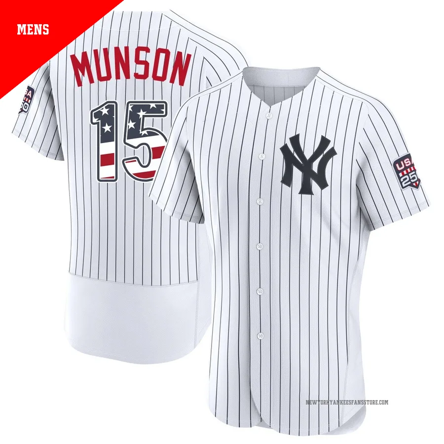 Men's New York Yankees Thurman Munson ＃15 White Authentic USA 250 Fourth Of July Home Stadium Jersey