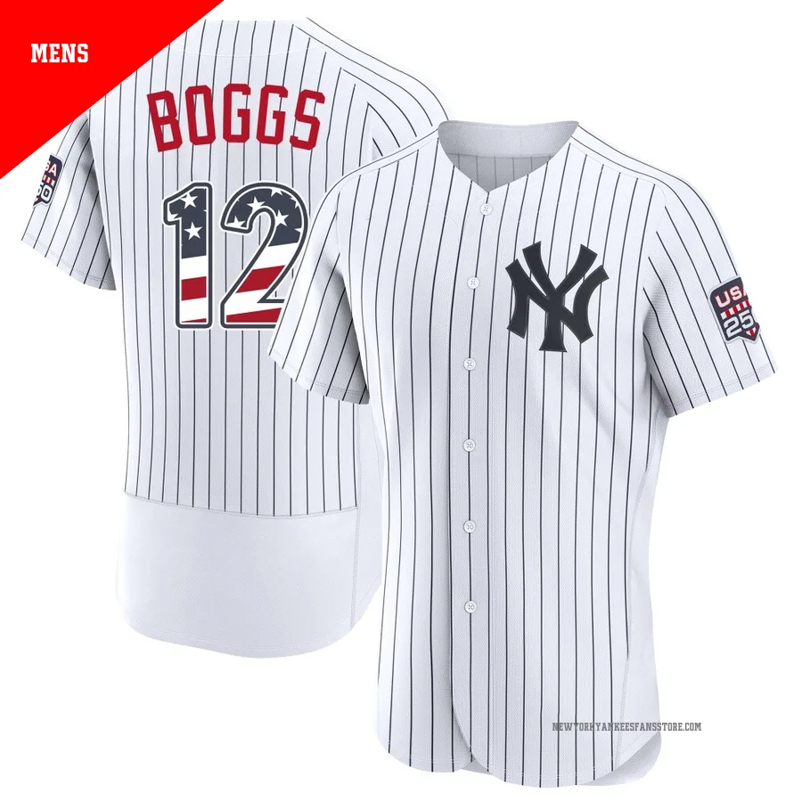 Men's New York Yankees Wade Boggs ＃12 White Authentic USA 250 Fourth Of July Home Stadium Jersey