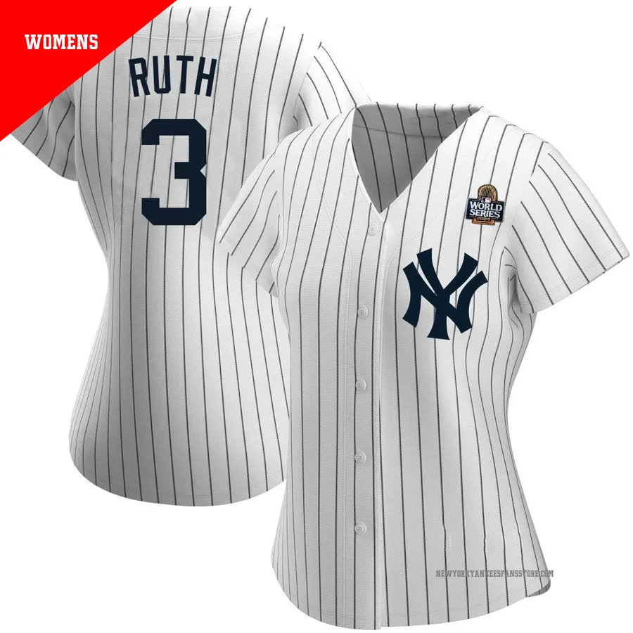 Women's New York Yankees Babe Ruth ＃3 White Authentic Home Name 2024 World Series Jersey