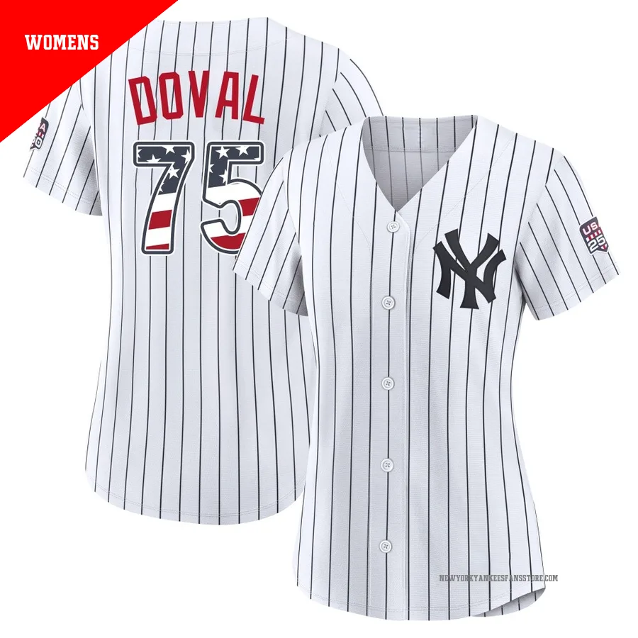 Women's New York Yankees Camilo Doval ＃75 White Limited USA 250 Fourth Of July Home Stadium Jersey