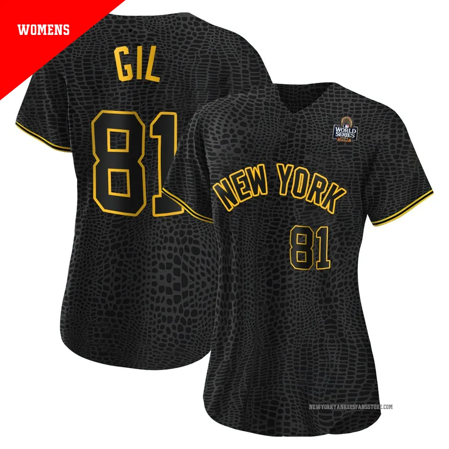 Women's New York Yankees Luis Gil ＃81 Black Replica Snake Skin City 2024 World Series Jersey