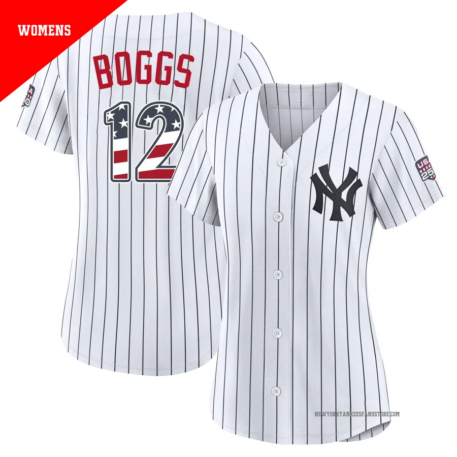 Women's New York Yankees Wade Boggs ＃12 White Limited USA 250 Fourth Of July Home Stadium Jersey