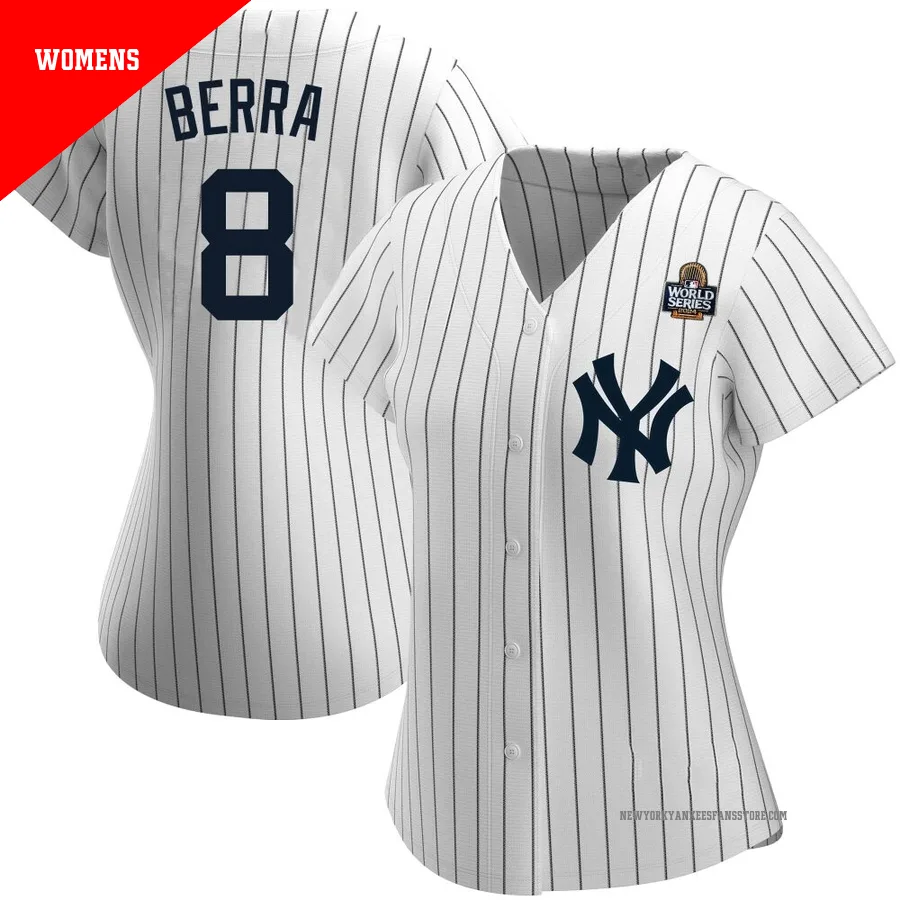 Women's New York Yankees Yogi Berra ＃8 White Authentic Home Name 2024 World Series Jersey