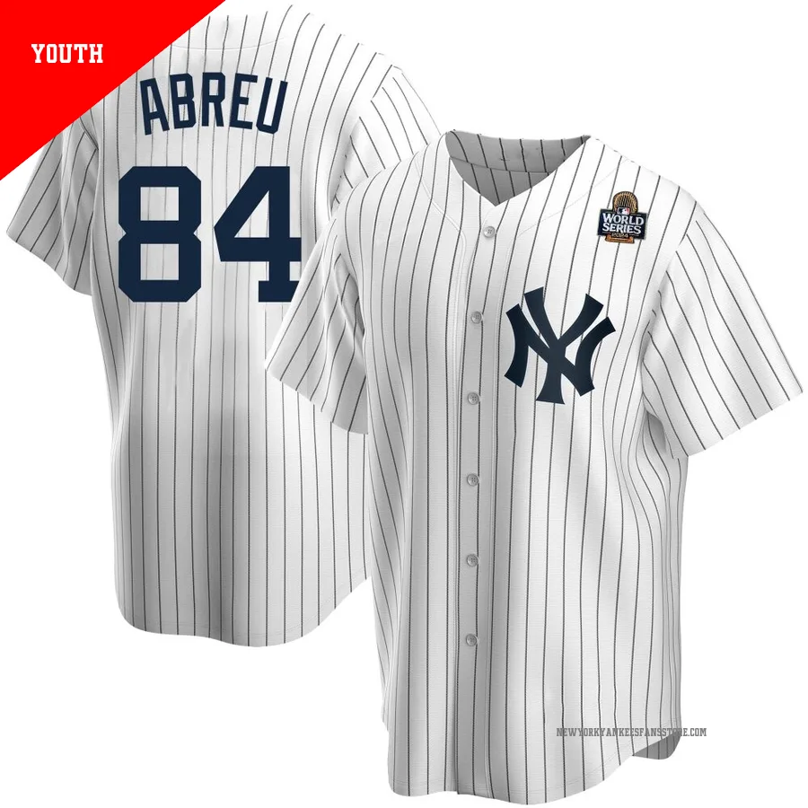 Youth New York Yankees Albert Abreu ＃84 White Replica Home 2024 World Series Jersey