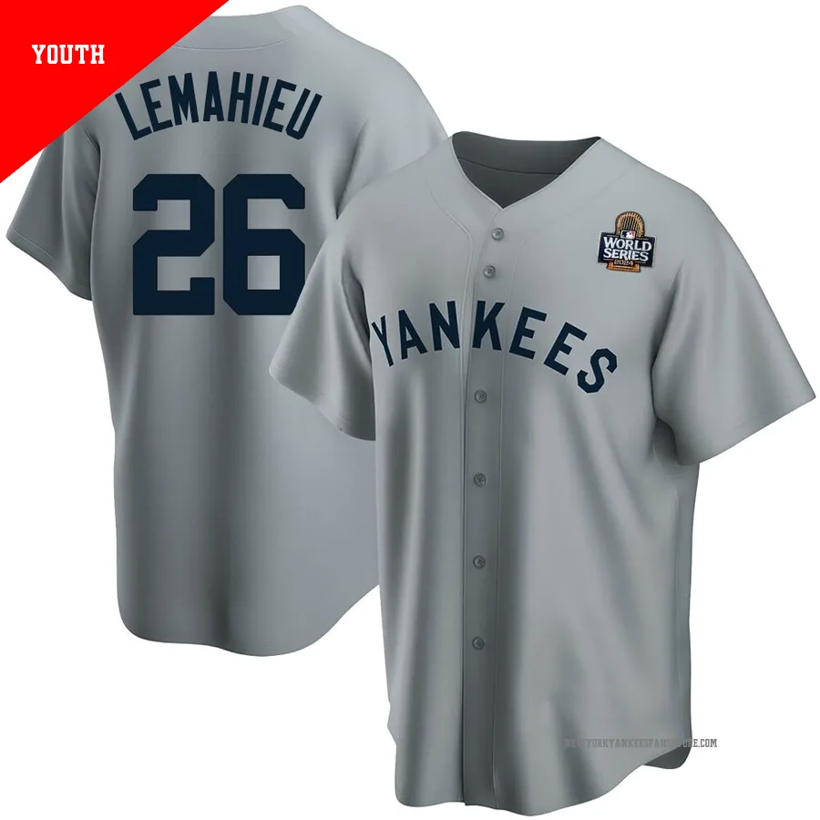 Youth New York Yankees DJ LeMahieu ＃26 Gray Replica Road Cooperstown Collection 2024 World Series Jersey