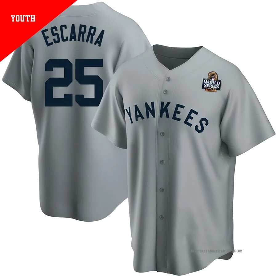 Youth New York Yankees J.C. Escarra ＃25 Gray Replica Road Cooperstown Collection 2024 World Series Jersey