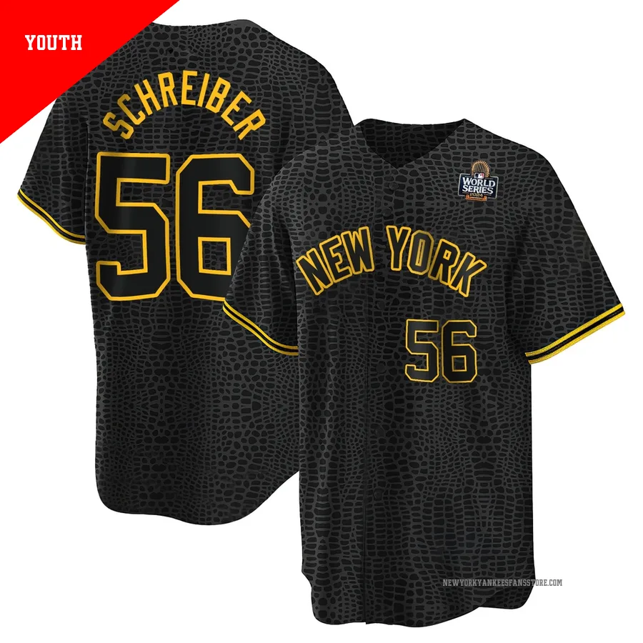 Youth New York Yankees John Schreiber ＃56 Black Replica Snake Skin City 2024 World Series Jersey