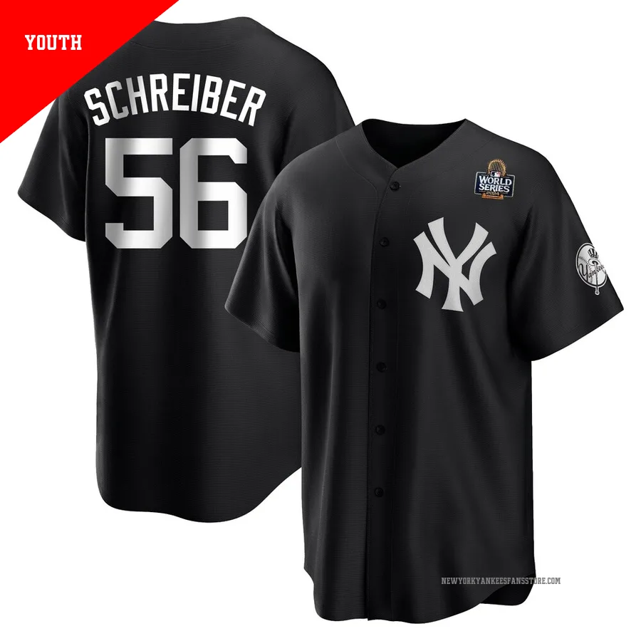 Youth New York Yankees John Schreiber ＃56 Black/White Replica 2024 World Series Jersey