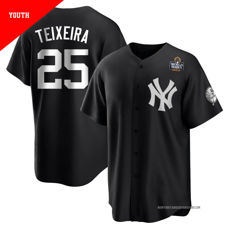Youth New York Yankees Mark Teixeira ＃25 Black/White Replica 2024 World Series Jersey