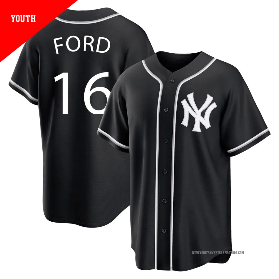 Youth New York Yankees Whitey Ford ＃16 Black Replica Fashion Out Jersey